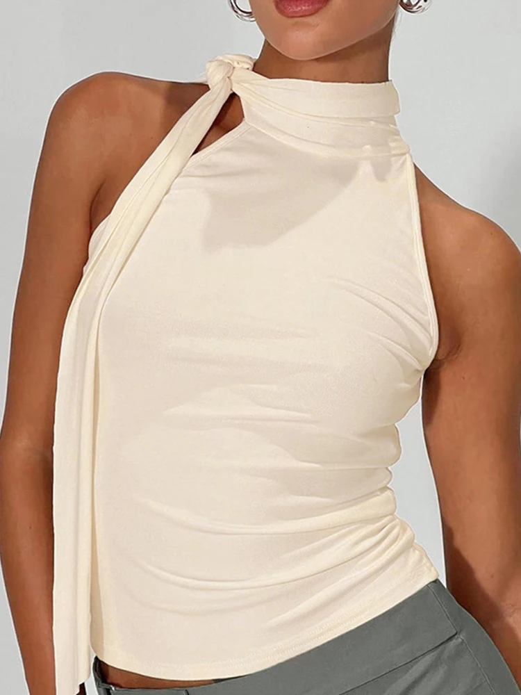 Women's Solid Halter Sleeveless Tank Top Bow Knot High Street Style Fashion Simple Design Skinny Tank