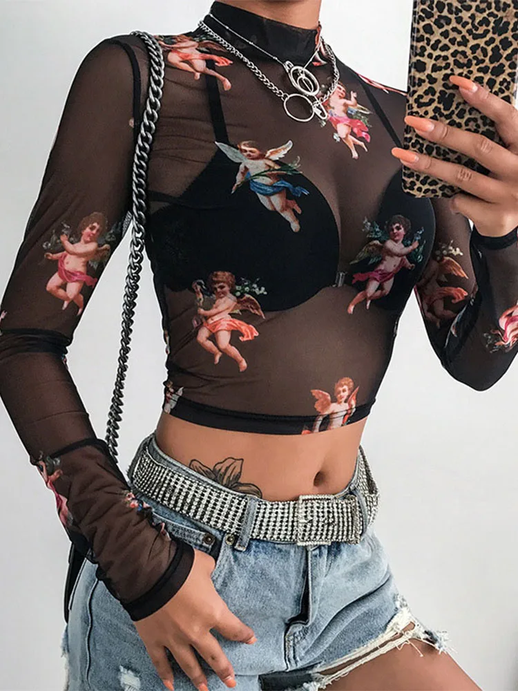 Sexy Women T Shirt See Through Transparent Mesh Tops Long Sleeve Sheer Slim Ladies Turtleneck T-Shirt New Arrival Women tshirt - Image 3